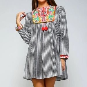 NWT Velzera Embroidered Striped Dress with Pom Details